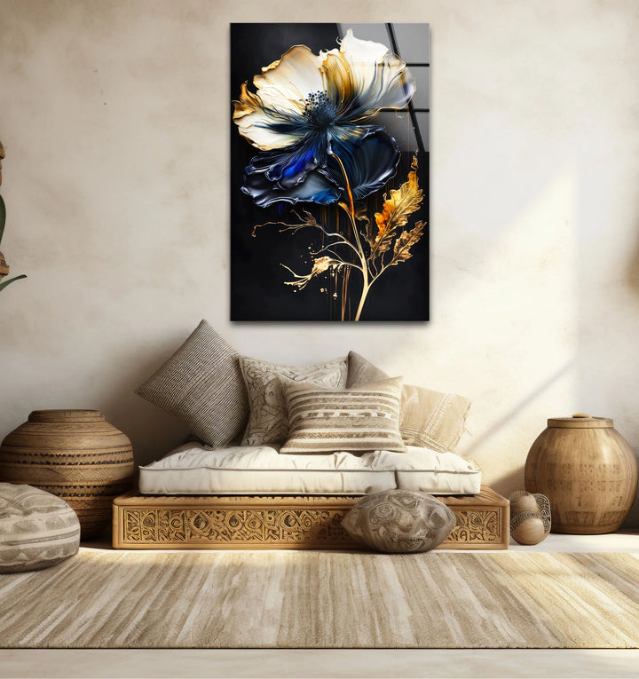 Blue and Gold Floral Wall Art – Elegant Dark Botanical Glass Print for Modern Luxury Decor - MyPhotoStation