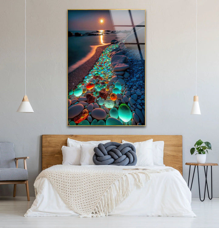 Glowing Pebble Beach Wall Art – Sunset Glass Print with Luminous Stones for Coastal Decor - MyPhotoStation