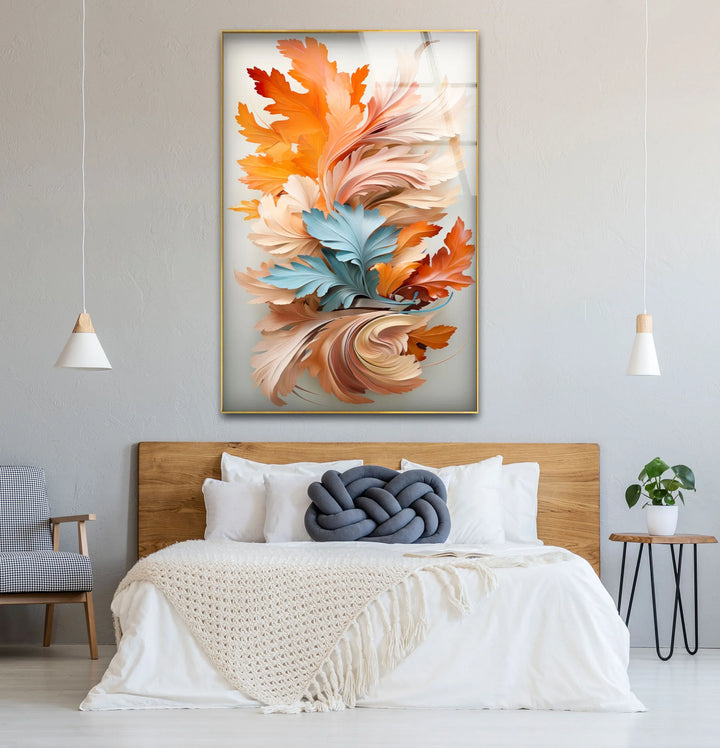 Autumn Leaves Abstract Wall Art – Orange and Blue Botanical Glass Print for Seasonal Elegance - MyPhotoStation