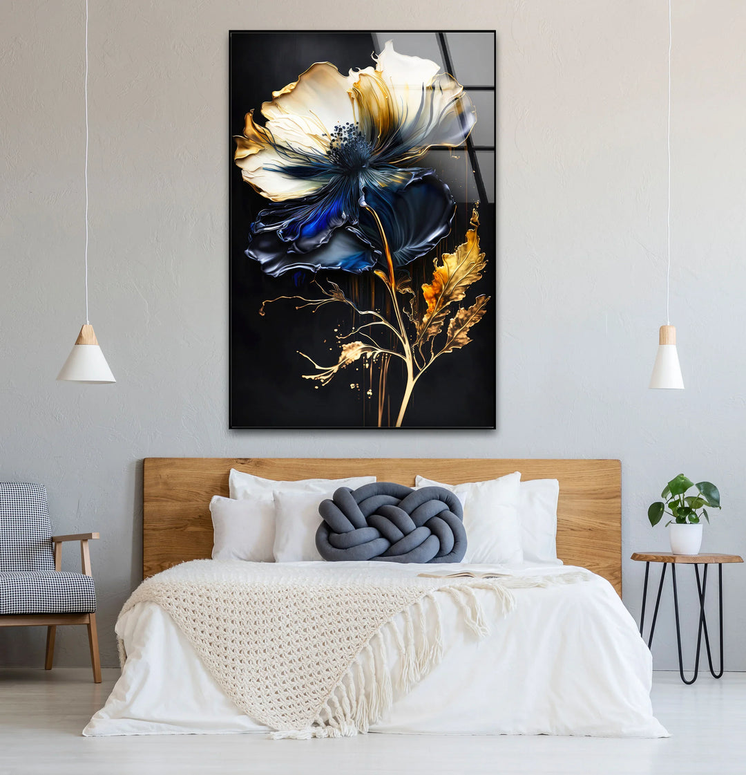 Blue and Gold Floral Wall Art – Elegant Dark Botanical Glass Print for Modern Luxury Decor - MyPhotoStation