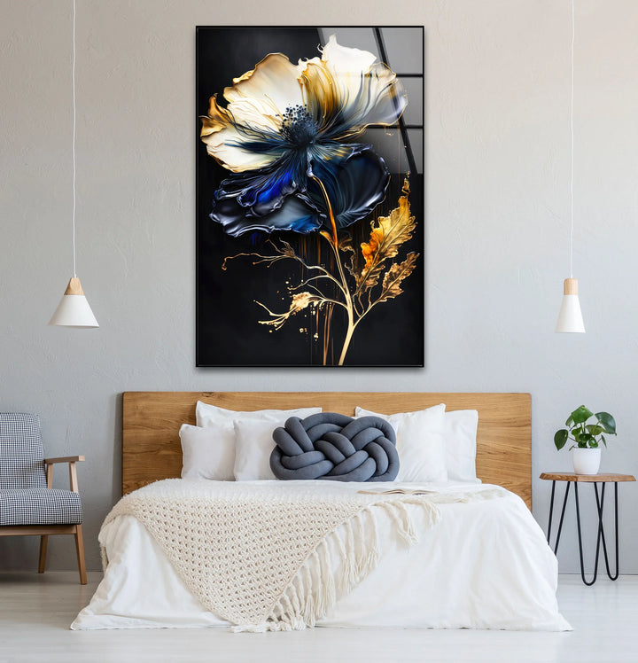 Blue and Gold Floral Wall Art – Elegant Dark Botanical Glass Print for Modern Luxury Decor - MyPhotoStation