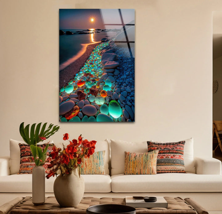 Glowing Pebble Beach Wall Art – Sunset Glass Print with Luminous Stones for Coastal Decor - MyPhotoStation