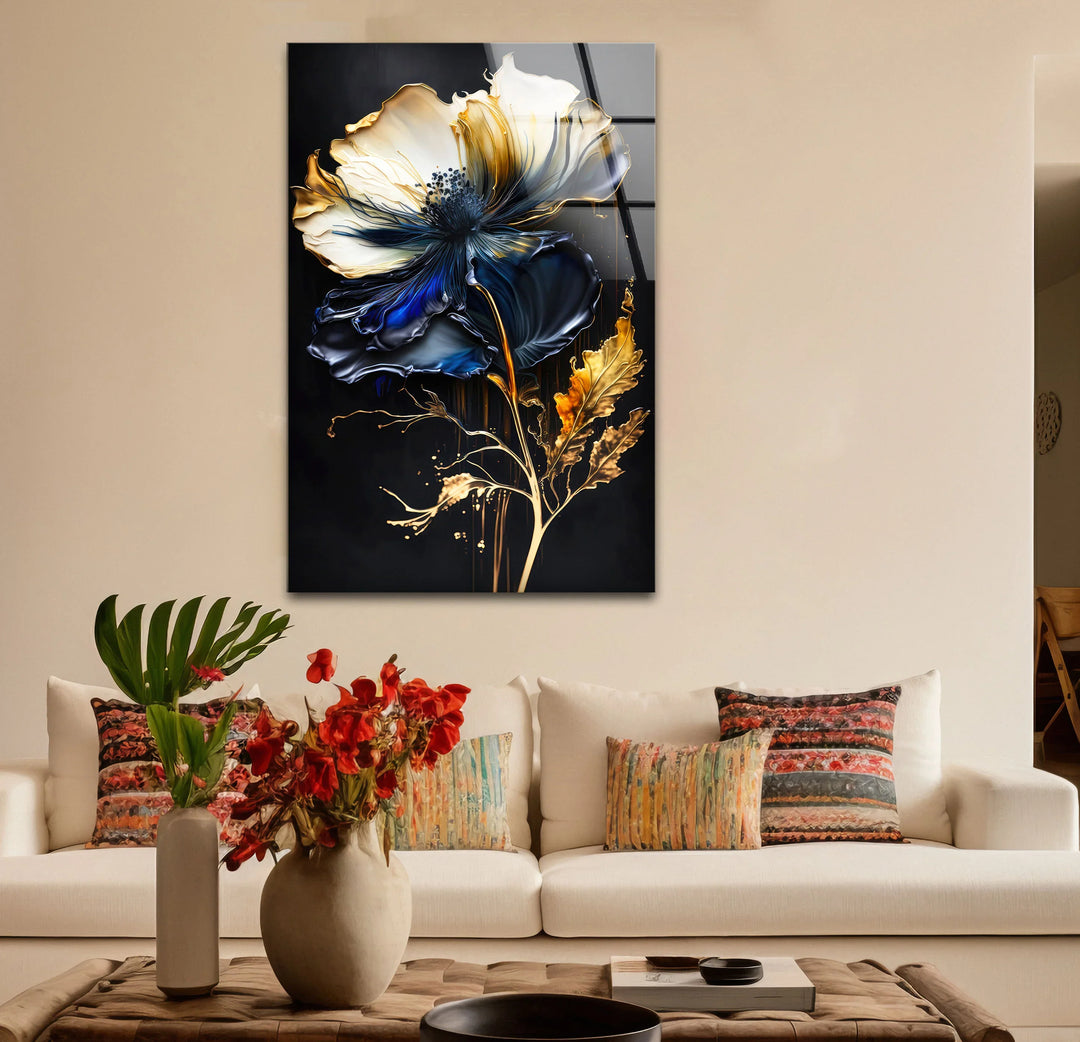 Blue and Gold Floral Wall Art – Elegant Dark Botanical Glass Print for Modern Luxury Decor - MyPhotoStation