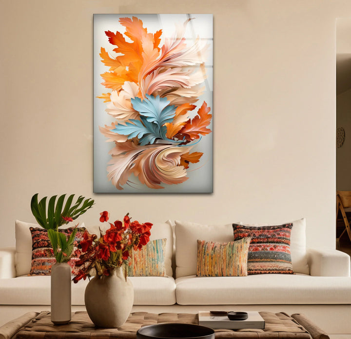 Autumn Leaves Abstract Wall Art – Orange and Blue Botanical Glass Print for Seasonal Elegance - MyPhotoStation