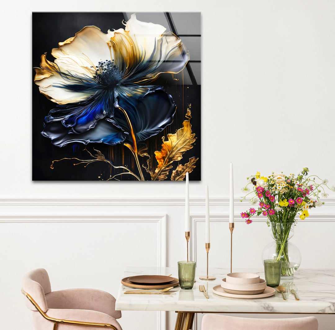 Blue and Gold Floral Wall Art – Elegant Dark Botanical Glass Print for Modern Luxury Decor - MyPhotoStation