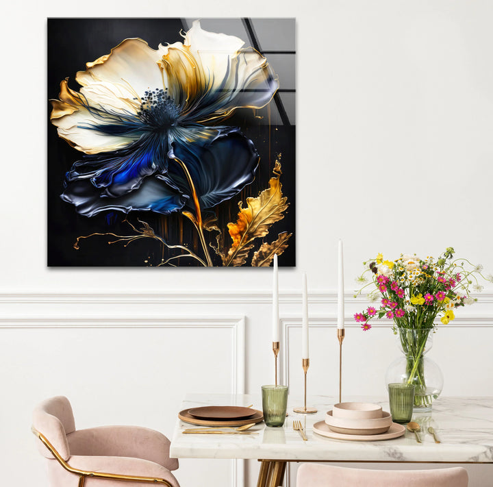 Blue and Gold Floral Wall Art – Elegant Dark Botanical Glass Print for Modern Luxury Decor - MyPhotoStation