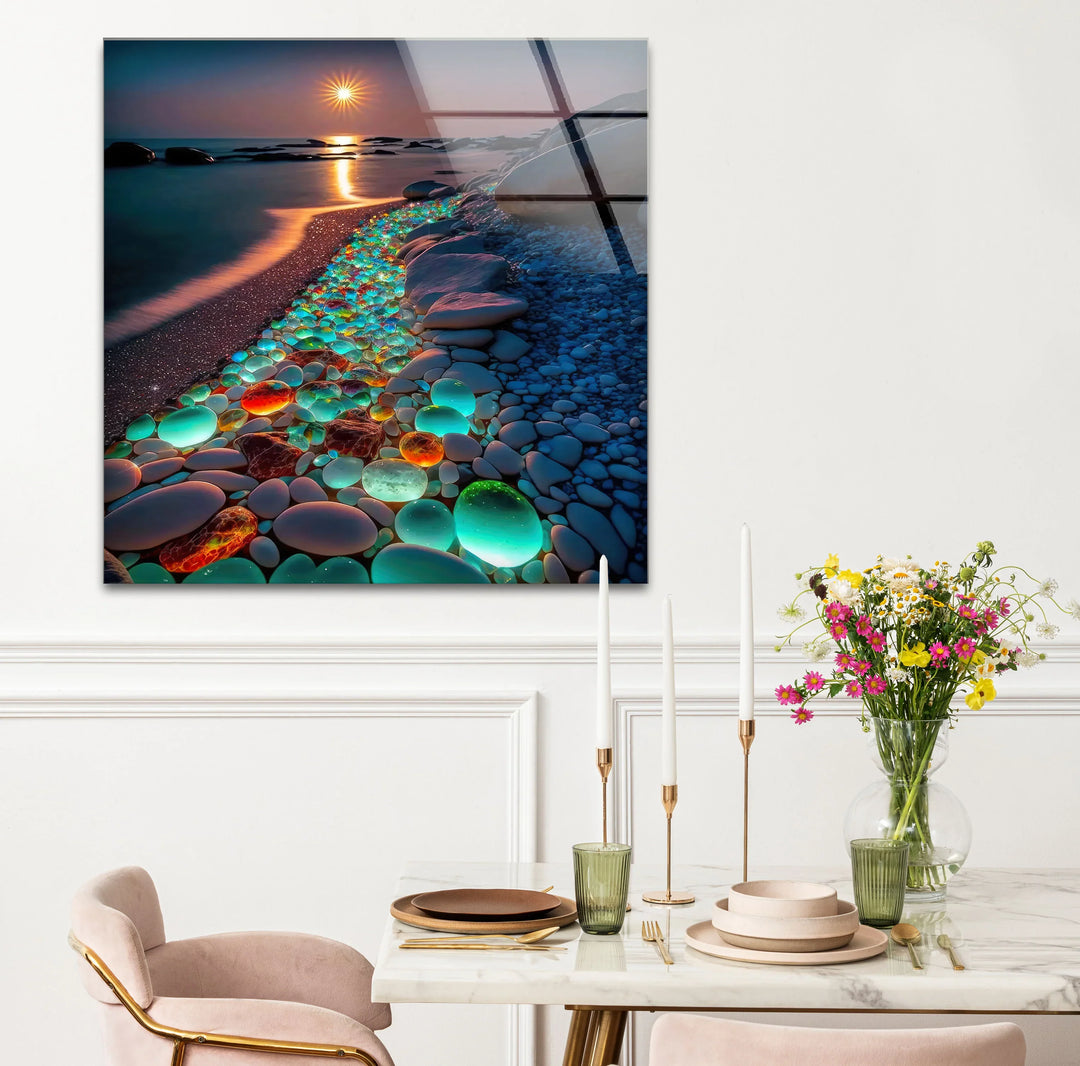 Glowing Pebble Beach Wall Art – Sunset Glass Print with Luminous Stones for Coastal Decor - MyPhotoStation