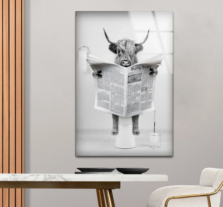 Funny Highland Cow Reading Newspaper Wall Art – Black and White Glass Print for Bathroom Humor Decor - MyPhotoStation