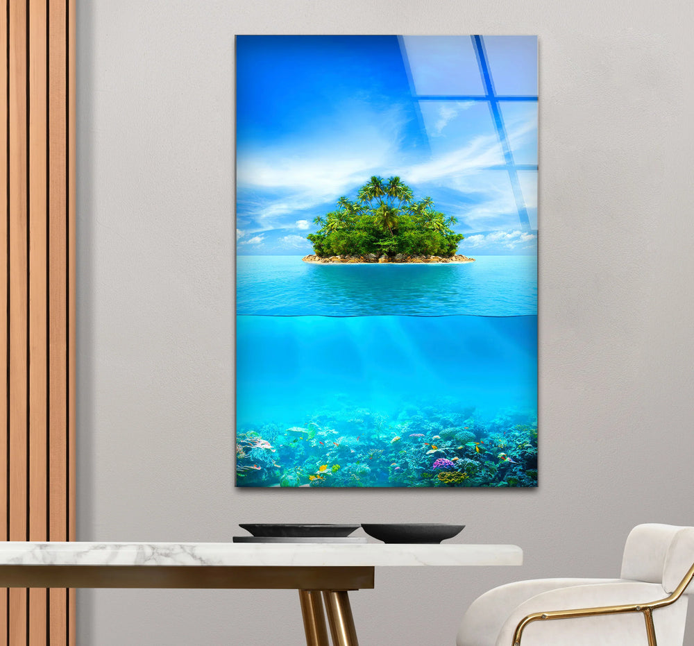 Tropical Island Reef Wall Art – Over & Underwater Vertical Glass Print - MyPhotoStation