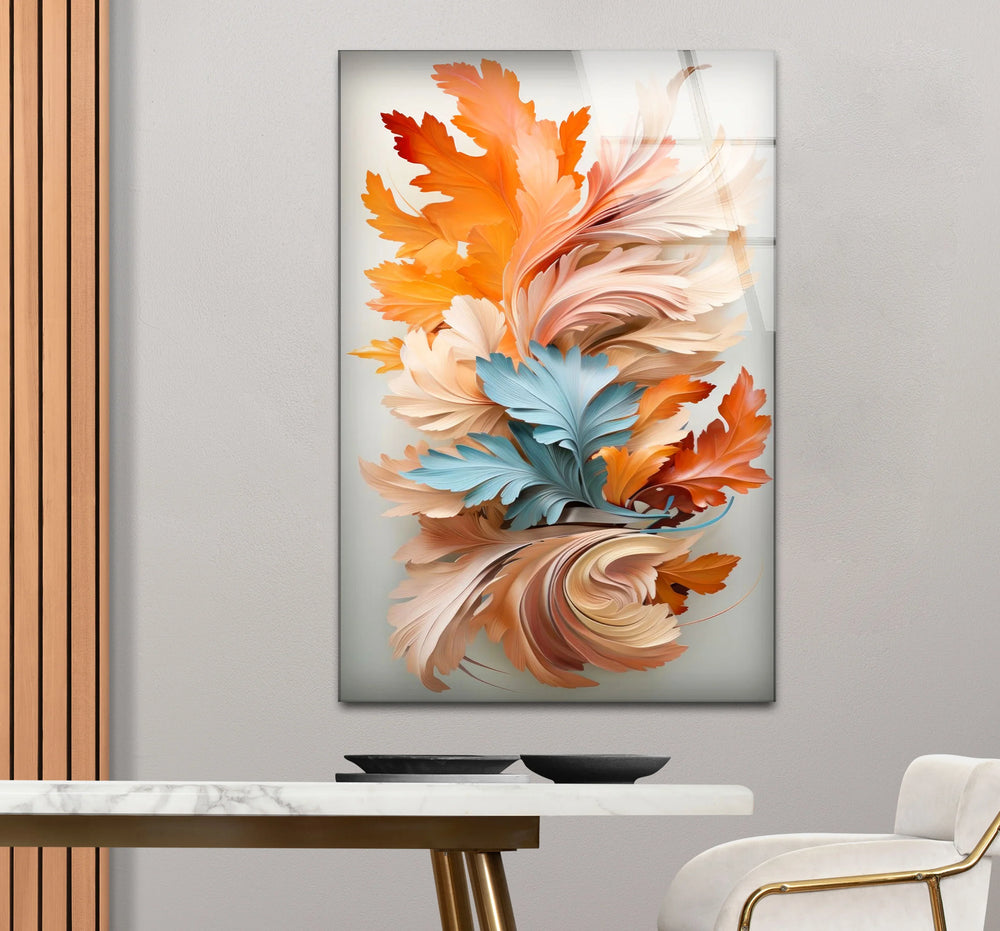 Autumn Leaves Abstract Wall Art – Orange and Blue Botanical Glass Print for Seasonal Elegance - MyPhotoStation