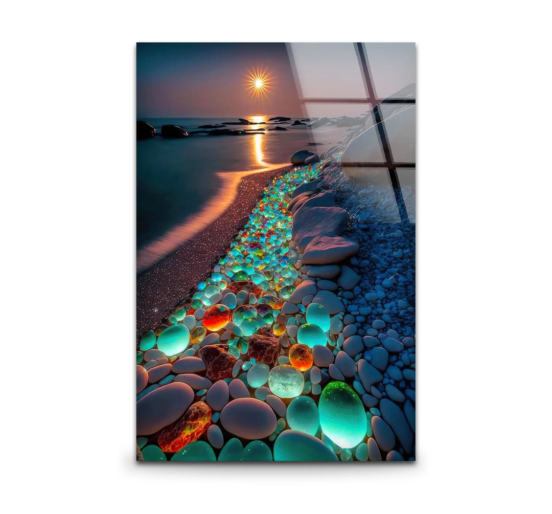 Glowing Pebble Beach Wall Art – Sunset Glass Print with Luminous Stones for Coastal Decor - MyPhotoStation