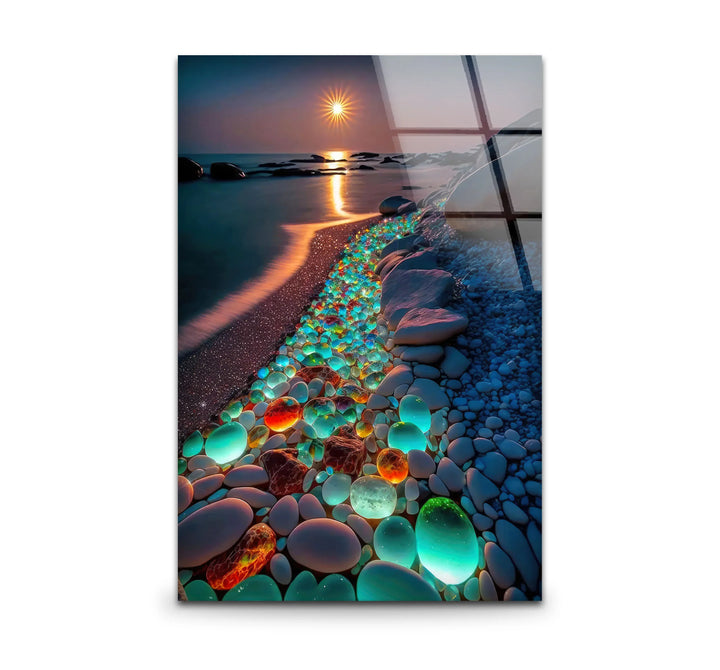 Glowing Pebble Beach Wall Art – Sunset Glass Print with Luminous Stones for Coastal Decor - MyPhotoStation