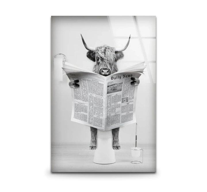 Funny Highland Cow Reading Newspaper Wall Art – Black and White Glass Print for Bathroom Humor Decor - MyPhotoStation