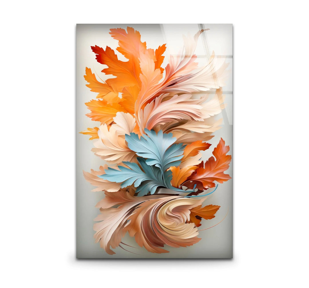 Autumn Leaves Abstract Wall Art – Orange and Blue Botanical Glass Print for Seasonal Elegance - MyPhotoStation