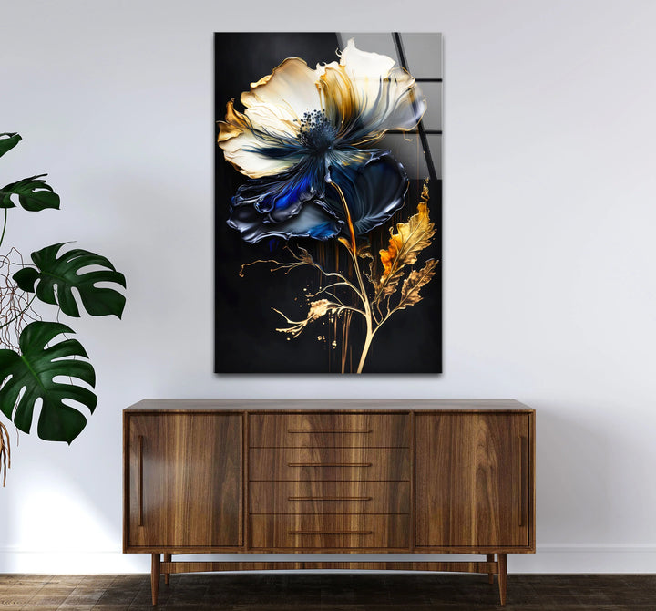 Blue and Gold Floral Wall Art – Elegant Dark Botanical Glass Print for Modern Luxury Decor - MyPhotoStation
