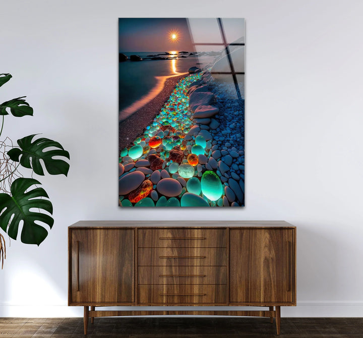 Glowing Pebble Beach Wall Art – Sunset Glass Print with Luminous Stones for Coastal Decor - MyPhotoStation