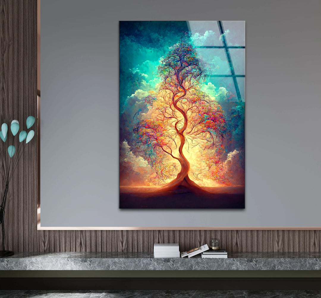 Radiant Tree of Life Wall Art – Ethereal Light Fantasy Glass Print - MyPhotoStation