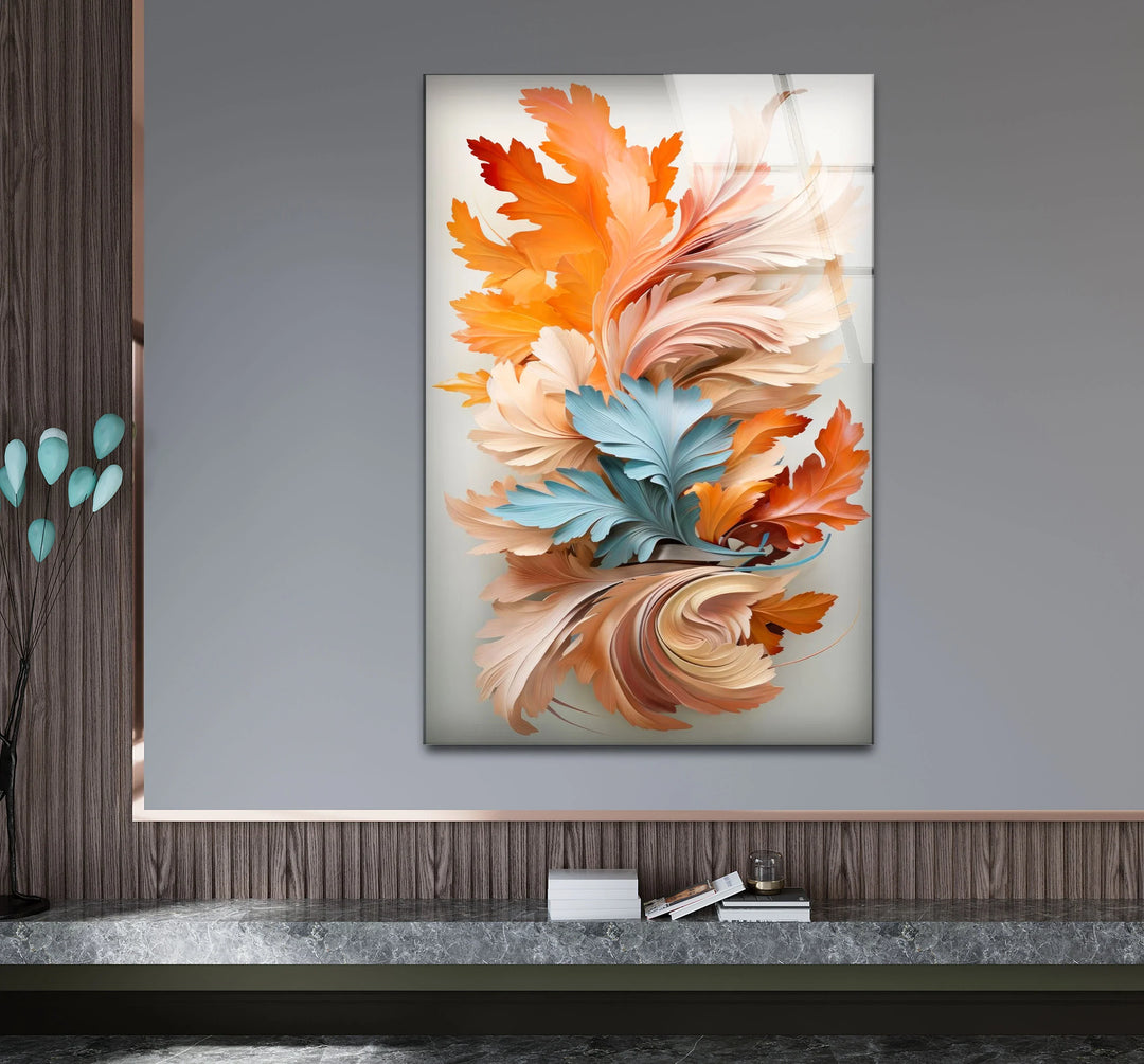 Autumn Leaves Abstract Wall Art – Orange and Blue Botanical Glass Print for Seasonal Elegance - MyPhotoStation