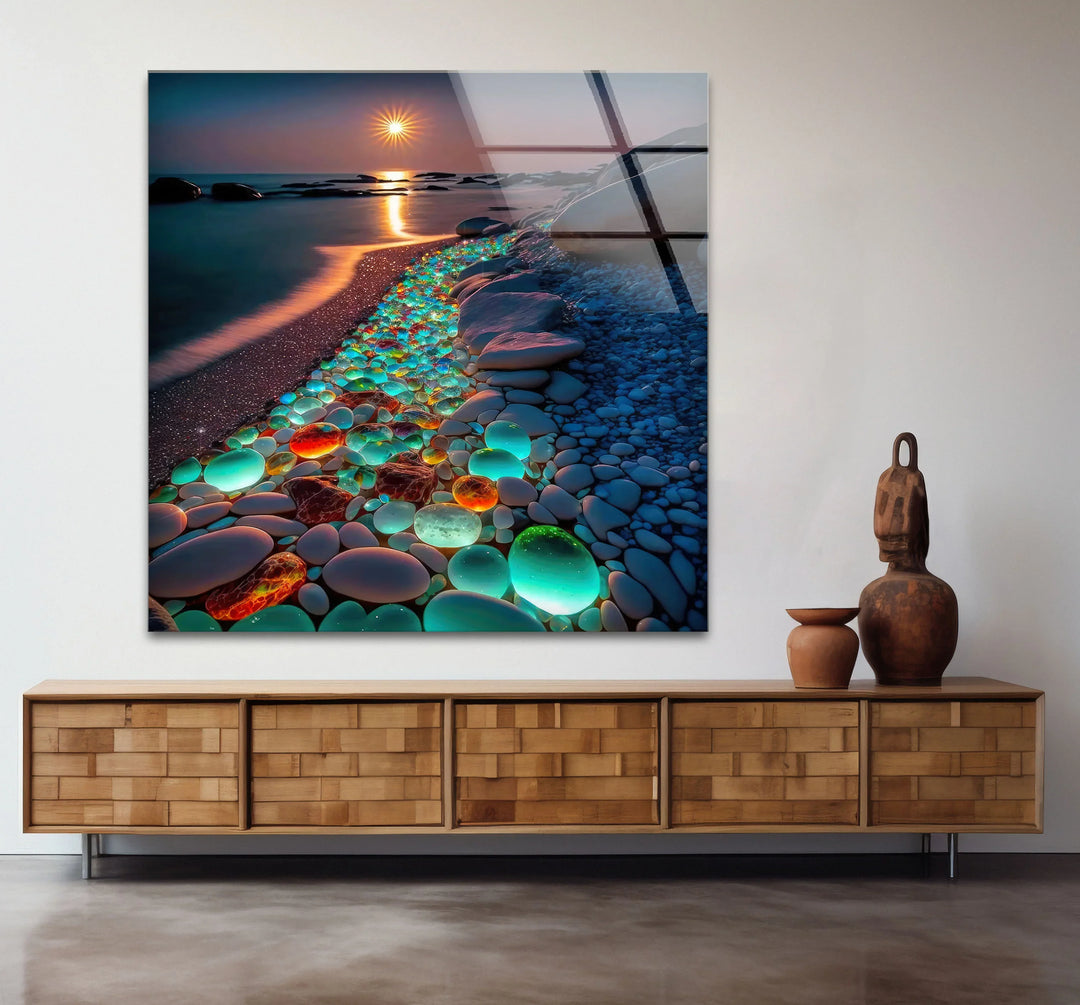 Glowing Pebble Beach Wall Art – Sunset Glass Print with Luminous Stones for Coastal Decor - MyPhotoStation