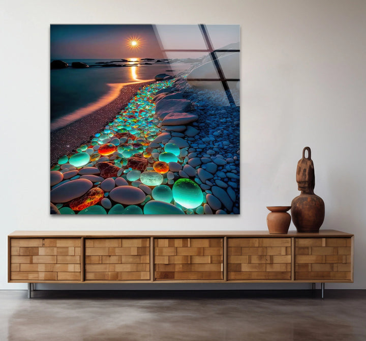 Glowing Pebble Beach Wall Art – Sunset Glass Print with Luminous Stones for Coastal Decor - MyPhotoStation