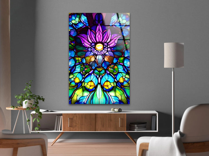 Stained Purple Floral Glass Wall Art, glass pictures for Wall, glass prints wall art