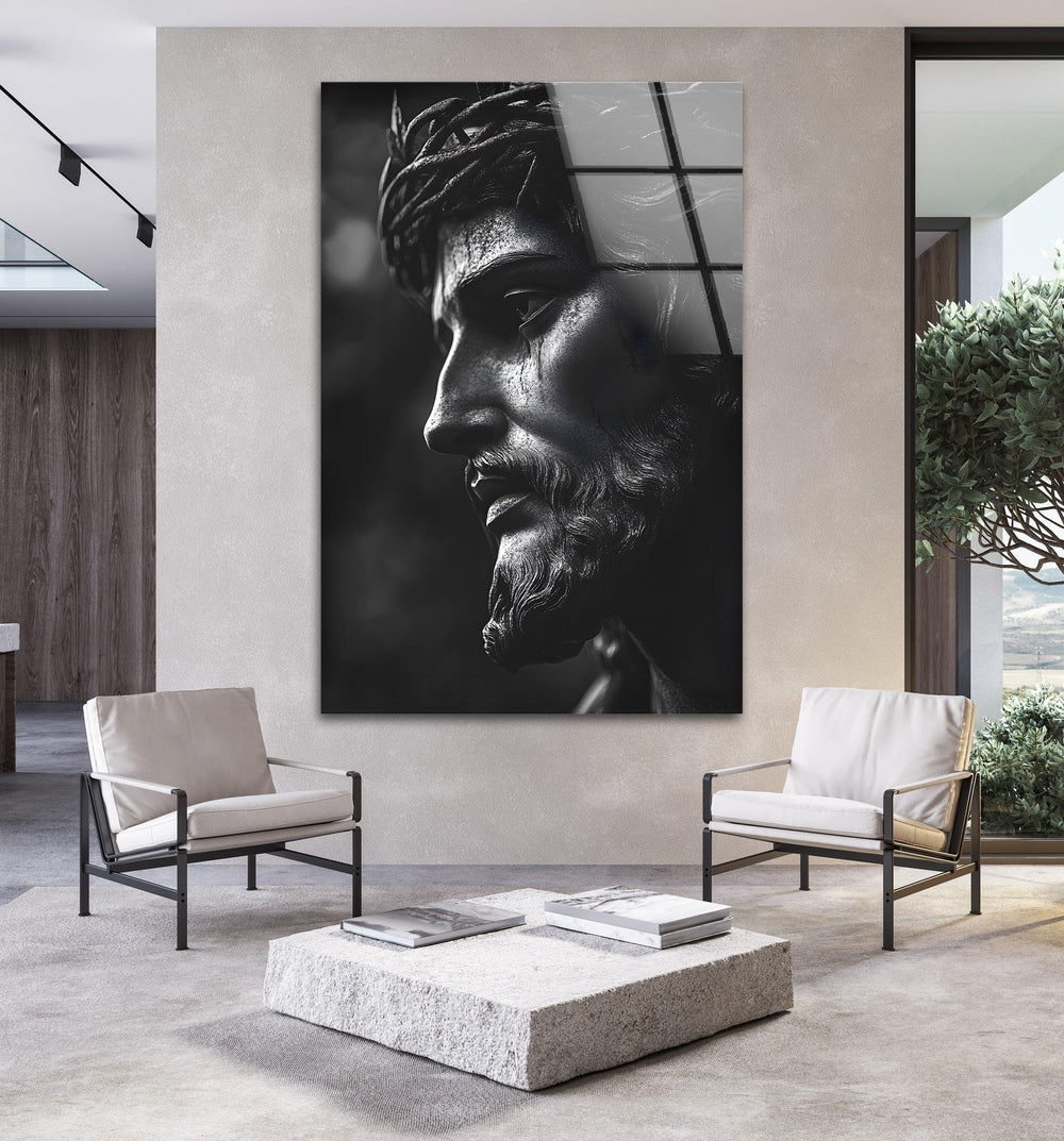 Striking black-and-white Jesus sculpture design on glass, perfect for religious and modern interiors.