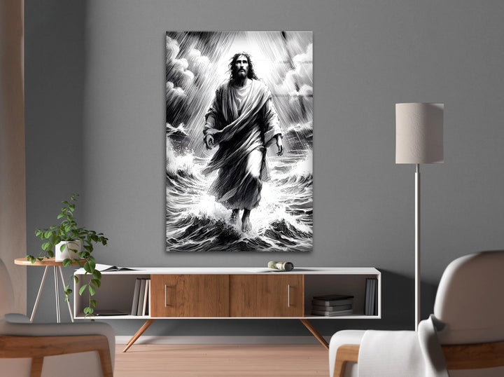 Jesus on the Waves - Spiritual Black and White Glass Wall Art