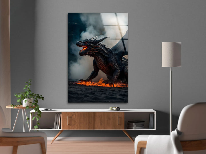 The Inferno Dragon in all its fiery glory: A mythical creature brought to life on glass.