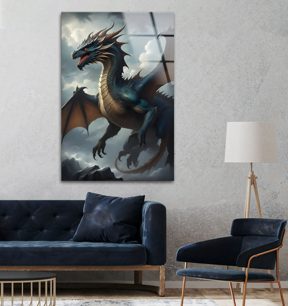 Majestic blue dragon soaring high in the sky, a symbol of power and grace.