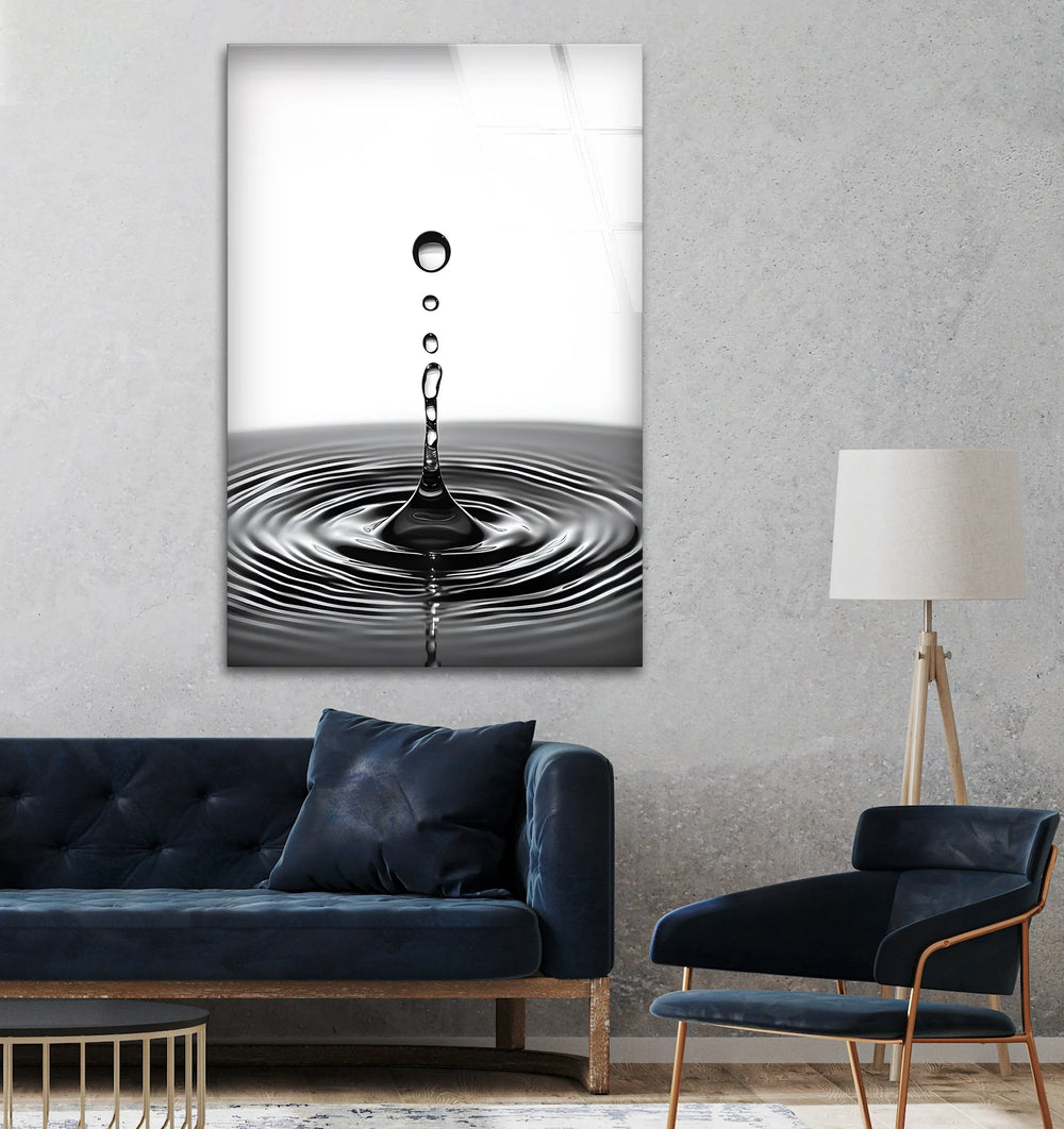 Captivating black-and-white water drop artwork on glass, perfect for modern interiors.