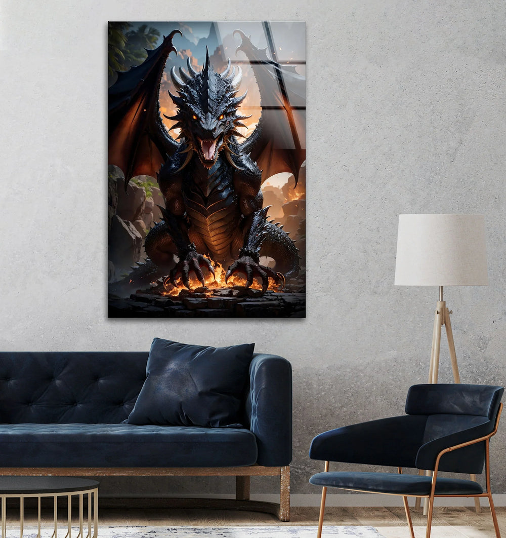 Fiery glory captured on glass: Inferno Dragon standing tall amidst the flames.