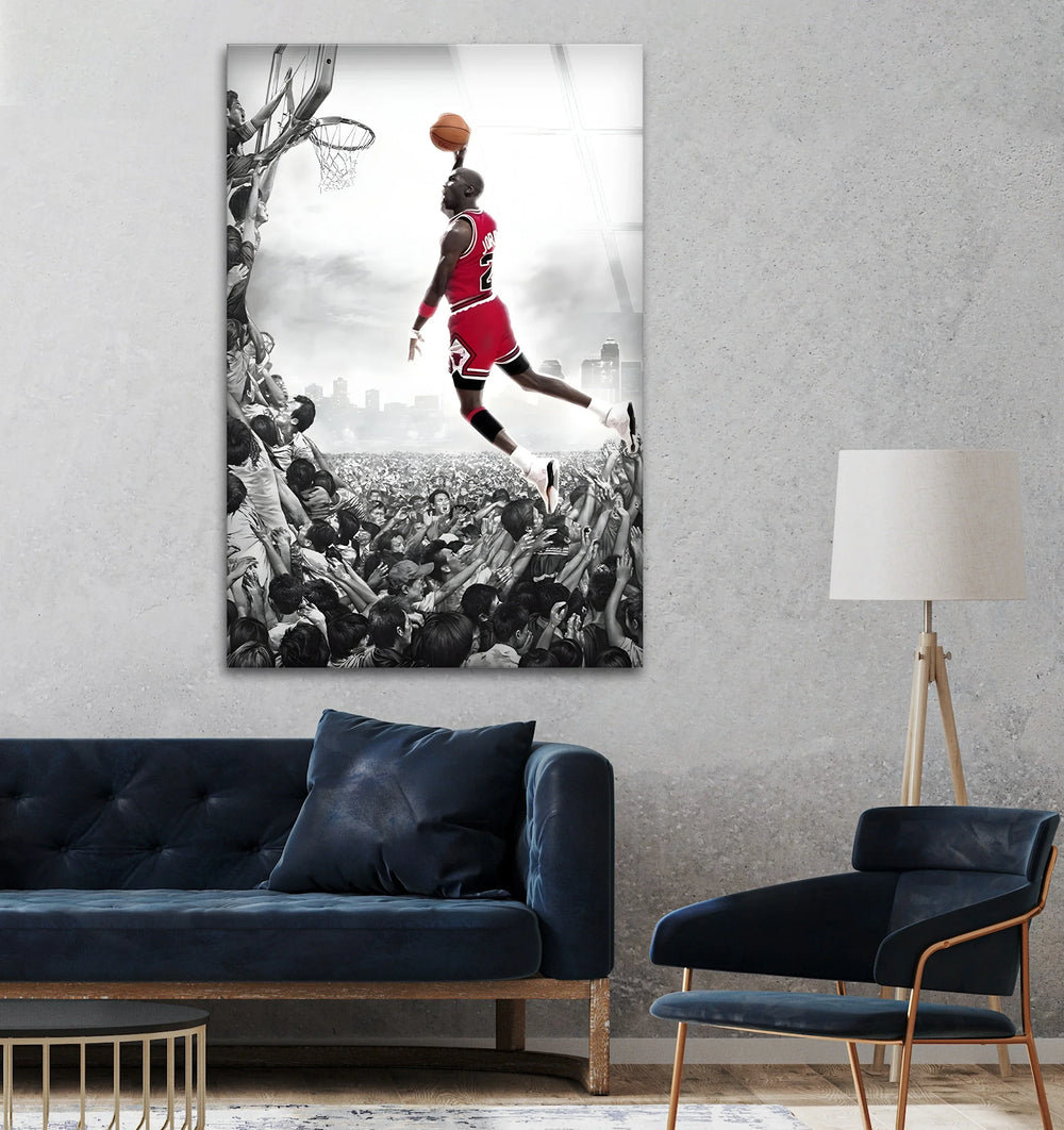 Relive the iconic slam dunk by Michael Jordan, immortalized in high-quality black and white glass art.