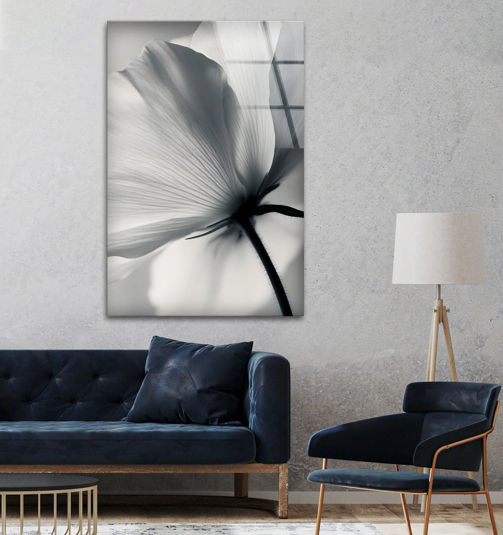 Black and White Bloom: Stunning glass wall art showcasing a soft floral silhouette in classic monochrome tones.
