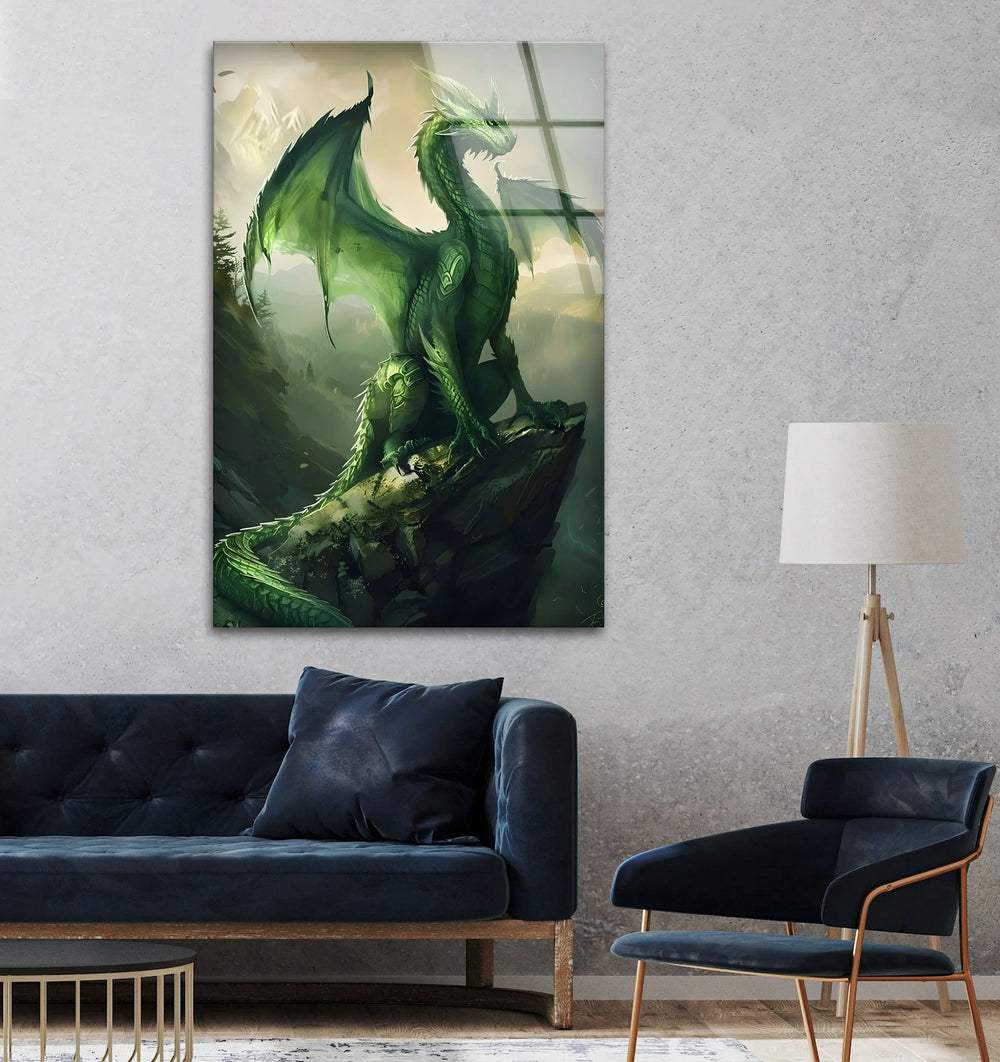 A majestic green dragon soaring over a mountainous landscape, printed on high-quality tempered glass.