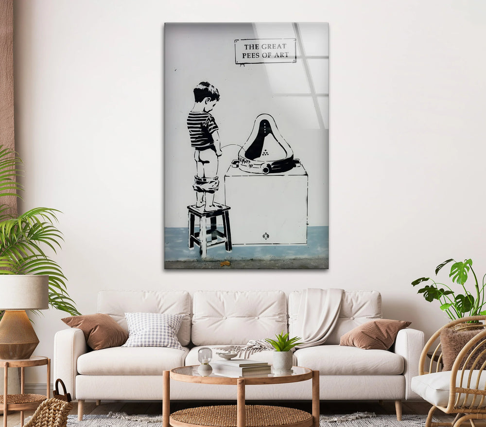 Urban graffiti-style artwork in black and white, printed on high-quality glass wall art for modern interiors.