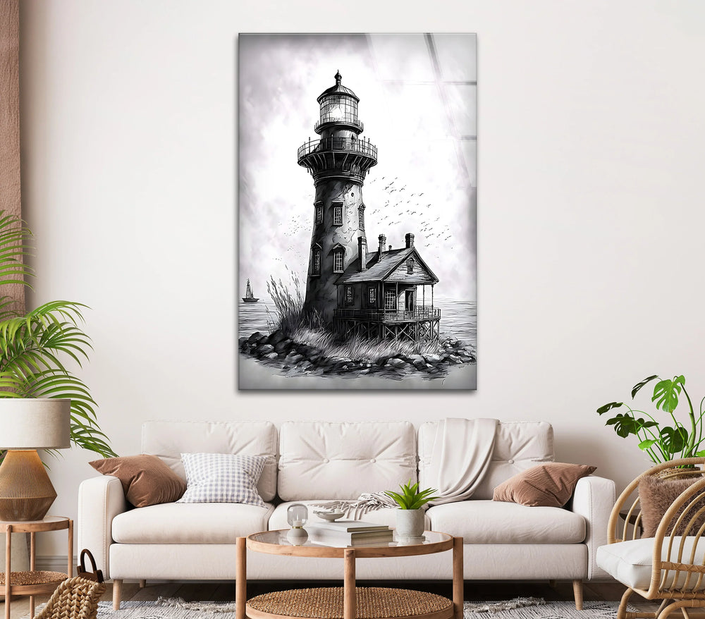 Black and White Lighthouse Glass Wall Art - Coastal Home Decor
