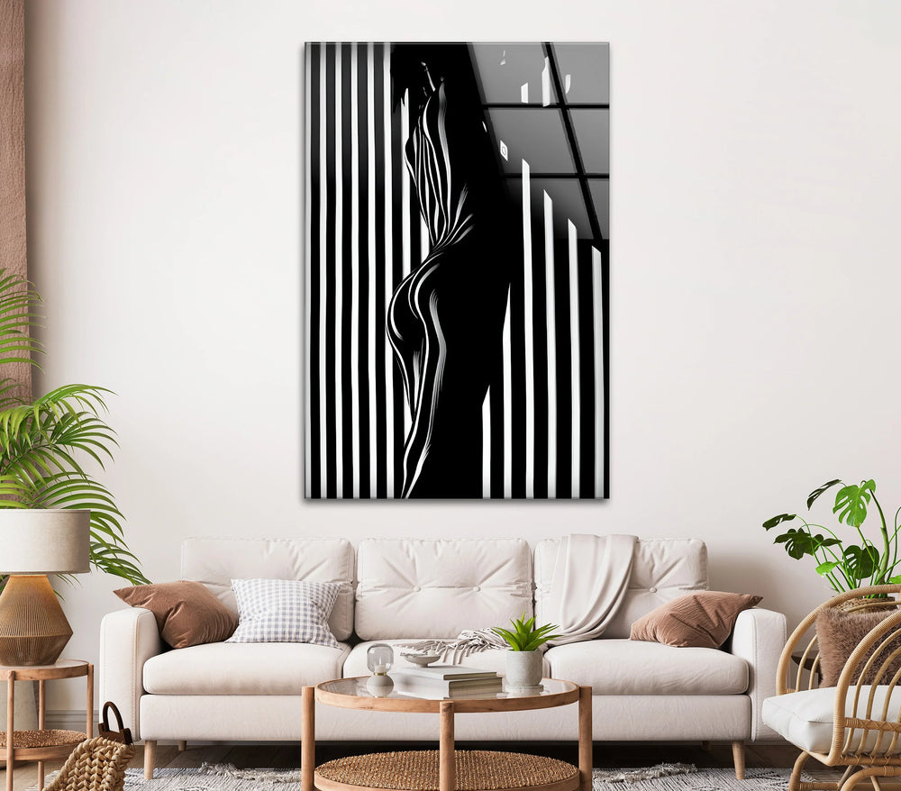 Elegant monochrome silhouette artwork printed on high-quality glass wall art for modern interiors.
