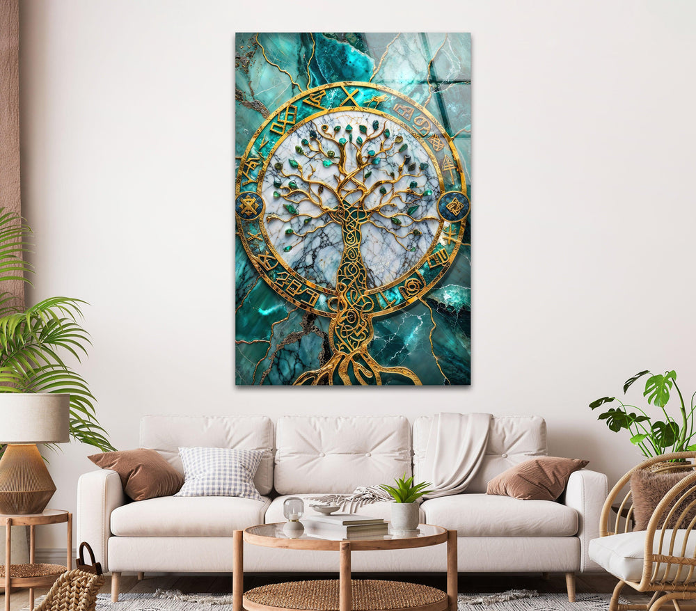 Golden & Blue Life of Tree Glass Wall Art print picture on glass, Tempered Glass Wall Art