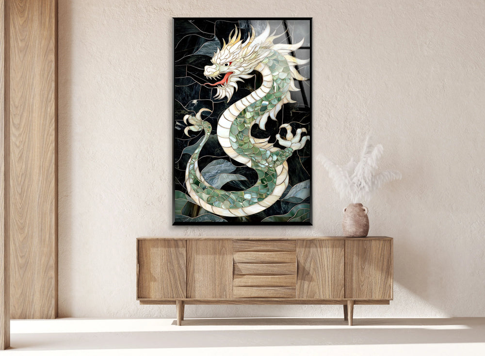 Detailed mosaic artwork of a green dragon, capturing the essence of mythical strength.