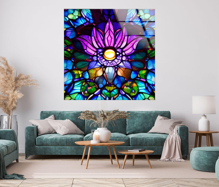 Stained Purple Floral Glass Wall Art, Glass Printing Wall Art, Print photos on glass