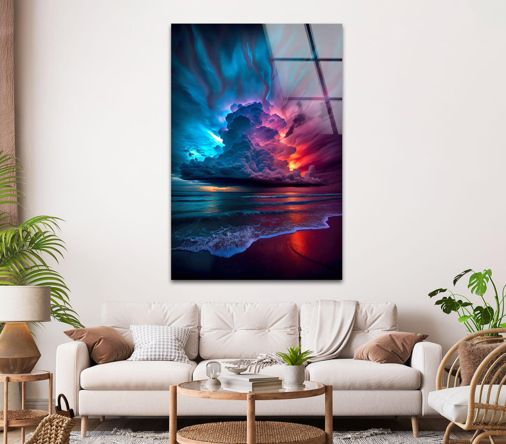 Let the stunning hues of a fiery sunset fill your room with the vibrant beauty of the ocean, making this cloudscape glass wall art a captivating focal point.