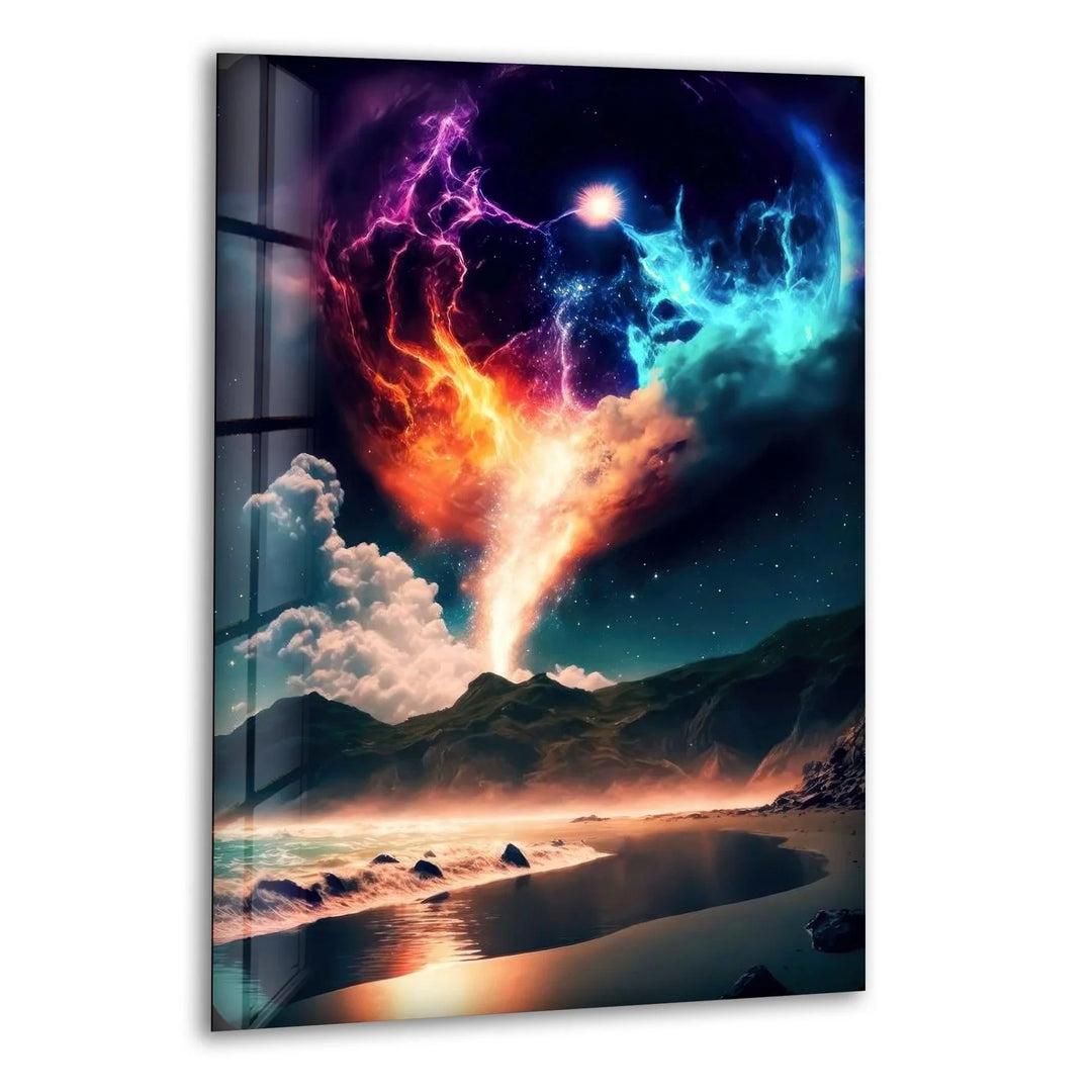 Cosmic explosion above a tranquil beach, captured in stunning glass wall art.