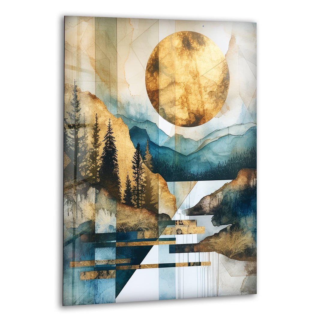 Bright geometric design of mountains and nature with a golden sun on tempered glass.