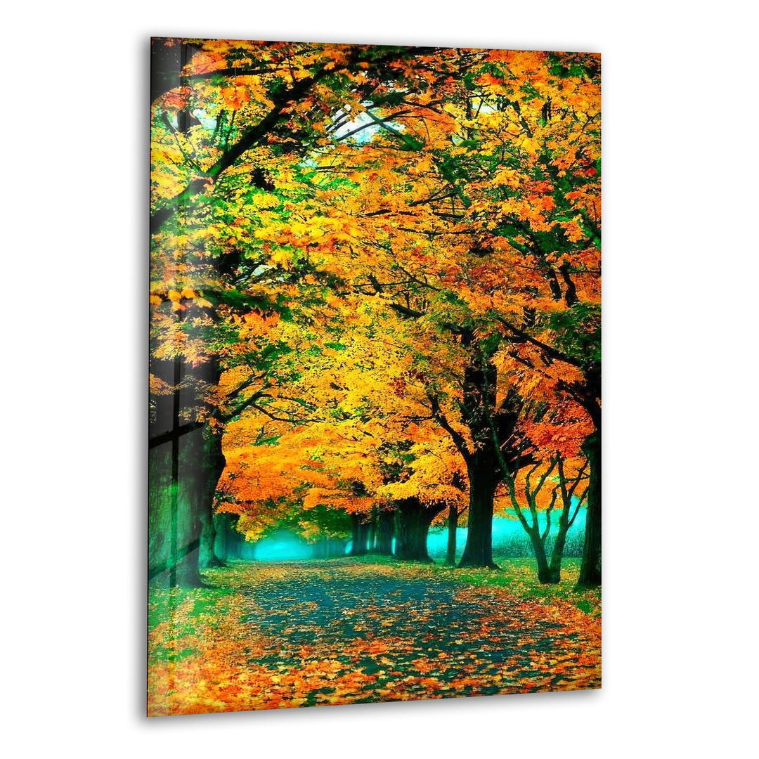 Golden autumn pathway through a vibrant fall forest, captured in stunning glass wall art.
