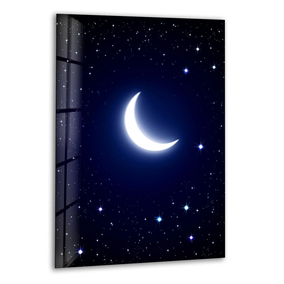 Crescent Moon and Starry Night Glass Wall Art – A Tranquil Celestial Masterpiece