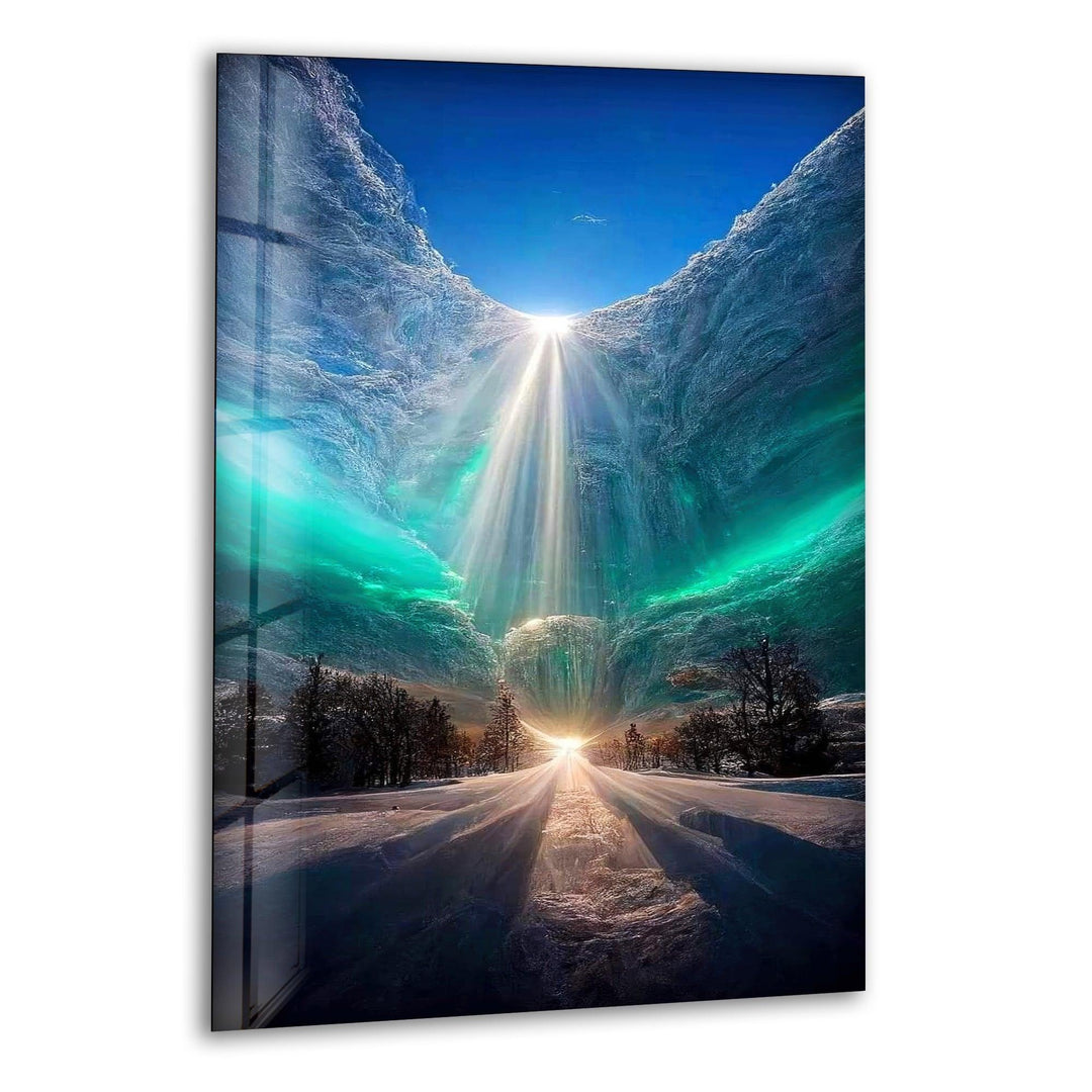 Surreal winter landscape glass wall art with radiant celestial light.