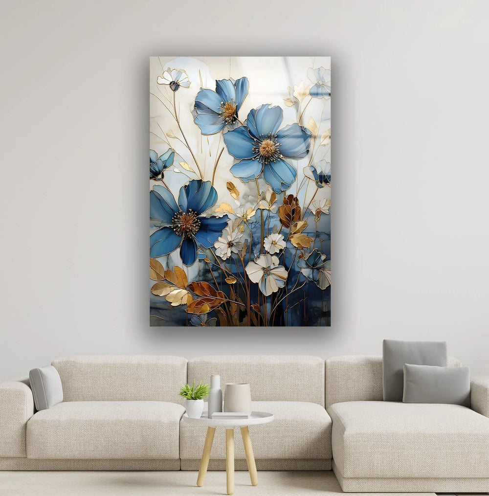 Blue & White Botanical Glass Wall Art glass art painting, glass art for the Wall