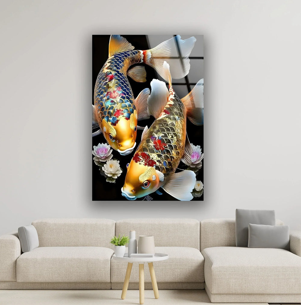 Golden Koi Fishes & Flower Glass Wall Art stained glass wall art, stained glass wall decor