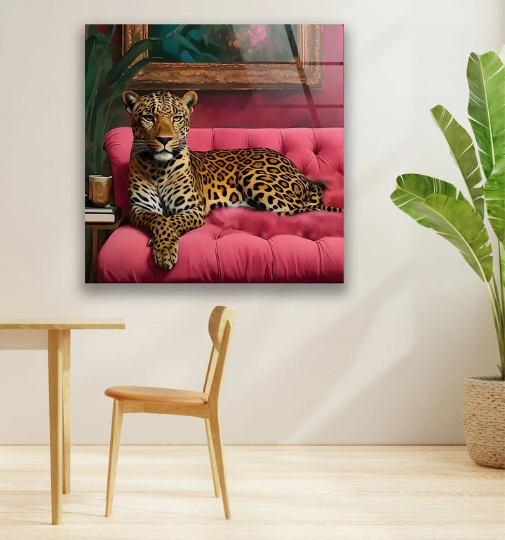 Leopar Sitting on Pink Seat Glass Wall Art print picture on glass, Tempered Glass Wall Art