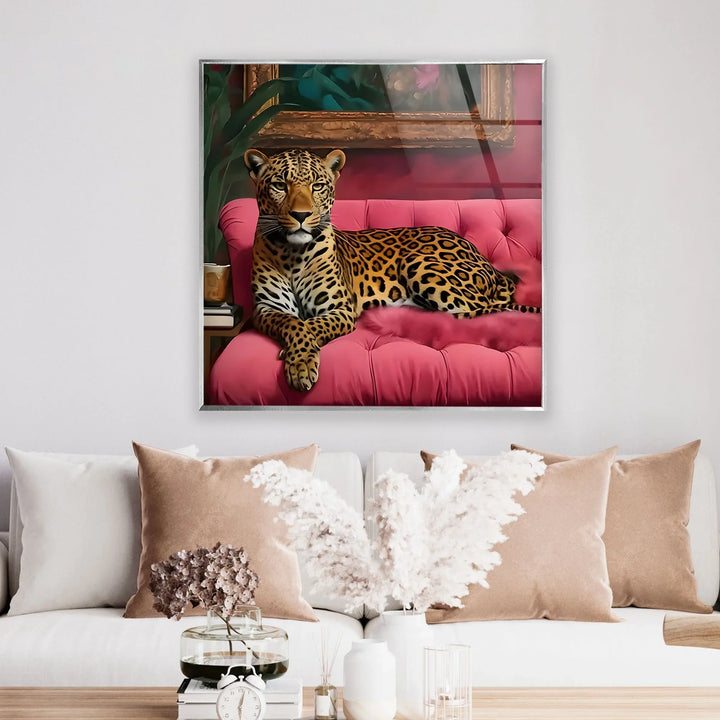 Leopar Sitting on Pink Seat Glass Wall Art picture on glass wall art, photos printed on glass